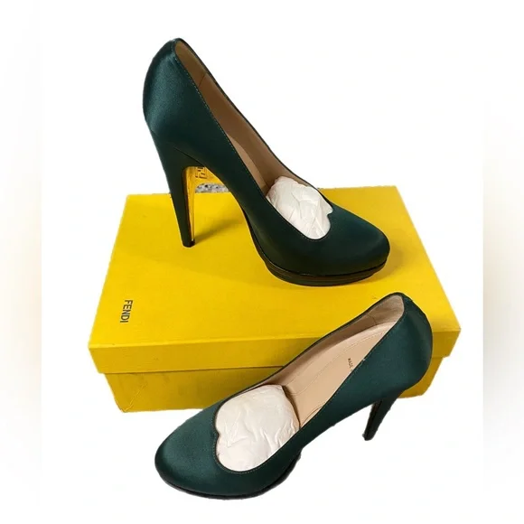 Fendi Hunter Green Satin Deep Platform Heels - Picture 1 of 11
